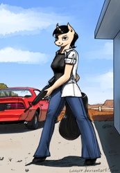Size: 1600x2306 | Tagged: safe, artist:apocheck13, oc, oc only, oc:elya, species:anthro, species:pony, species:unicorn, anthro oc, ar15, assault rifle, bellbottoms, clothing, desert, female, grand canyon, gun, happy because she own a fantastic american-made firearm, jeans, m16, m16a2, pants, pontiac firebird, rifle, weapon