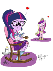 Size: 1375x1833 | Tagged: safe, artist:newportmuse, character:princess cadance, character:princess flurry heart, character:twilight sparkle, character:twilight sparkle (scitwi), species:eqg human, my little pony:equestria girls, babysitting, best aunt ever, foalsitting, heart, rocking chair