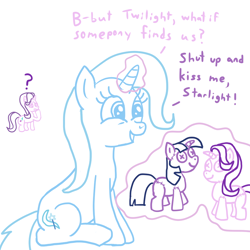 Size: 1024x1024 | Tagged: safe, artist:solarfm, character:starlight glimmer, character:trixie, character:twilight sparkle, species:pony, species:unicorn, ship:twistarlight, dialogue, doll, female, glowing horn, lesbian, shipper on deck, shipping, the great and powerful shipper, toy