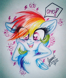 Size: 480x568 | Tagged: safe, artist:janadashie, character:rainbow dash, blushing, chest fluff, cute, dashabetes, female, omg, open mouth, so awesome, solo, squishy cheeks, traditional art