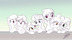 Size: 1215x689 | Tagged: safe, artist:klemm, character:berry punch, character:berryshine, character:bon bon, character:carrot top, character:derpy hooves, character:dj pon-3, character:golden harvest, character:lyra heartstrings, character:octavia melody, character:sweetie drops, character:vinyl scratch, species:earth pony, species:pegasus, species:pony, species:unicorn, adorabon, alcohol, background pony, berrybetes, cheek squish, cute, cutie top, female, glass, hug, lyrabetes, mare, partial color, sketch, squishy cheeks, tavibetes, vinylbetes, wine, wine glass