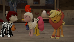Size: 1024x576 | Tagged: safe, artist:dracagon, character:applejack, character:pinkie pie, oc, oc:seranae, species:pony, 3d, animal costume, applelion, chicken pie, chicken suit, clothing, costume, eyes closed, skeleton costume, smiling
