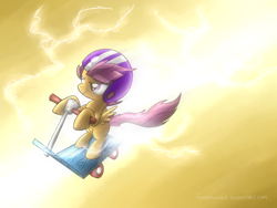 Size: 1024x768 | Tagged: safe, artist:fongsaunder, character:scootaloo, species:pegasus, species:pony, badass, female, lightning, scooter, solo