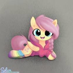 Size: 1500x1500 | Tagged: safe, artist:songbirdserenade, character:fluttershy, species:pony, alternate hairstyle, braid, clothing, cute, female, hoodie, looking at you, prone, rainbow socks, shyabetes, smiling, socks, solo, striped socks