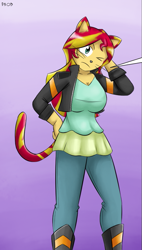 Size: 535x940 | Tagged: safe, artist:dinobirdofdoom, character:sunset shimmer, species:human, my little pony:equestria girls, big breasts, boots, breasts, busty sunset shimmer, cat, cat nose, cat tail, catgirl, catified, clothing, commission, cropcon, cropped, cute, explicit source, female, huge breasts, jacket, jeans, nyanset shimmer, one eye closed, pants, ponytail, shoes, solo, species swap, tail, whiskers
