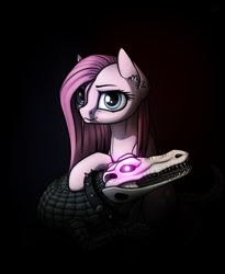 Size: 942x1148 | Tagged: safe, artist:dipfanken, character:gummy, character:pinkamena diane pie, character:pinkie pie, species:earth pony, species:pony, alligator, black background, female, glowing eyes, mare, necromancy, open mouth, simple background, solo, undead