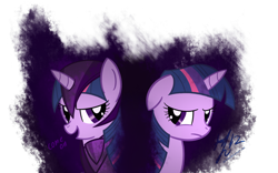 Size: 2000x1250 | Tagged: safe, artist:ppdraw, character:twilight sparkle, armor, darkness within, duality, evil twilight, female, inner demons, solo