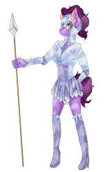 Size: 1242x1920 | Tagged: safe, artist:mscolorsplash, oc, oc only, oc:amethyst rose, species:anthro, species:crystal pony, anthro oc, armor, boots, commission, commissioner:alkonium, crystal guard, crystal guard armor, guard armor, high heel boots, high heels, shoes, simple background, spear, transparent background, weapon
