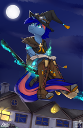 Size: 1500x2300 | Tagged: safe, artist:varllai, oc, oc only, oc:ryo, species:anthro, species:plantigrade anthro, broom, clothing, commission, flying, flying broomstick, halloween, hat, holiday, moon, night, stars, town, witch, witch hat, ych result