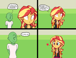 Size: 1650x1275 | Tagged: safe, artist:zharkaer, character:sunset shimmer, oc, oc:anon, species:human, episode:overpowered, g4, my little pony: equestria girls, my little pony:equestria girls, 3:, 4koma, :<, :t, blushing, comic, cute, dawwww, frown, geode of empathy, glow, heart, magical geodes, shimmerbetes, smiling, sweat, thought bubble, vulgar, wide eyes, worried