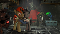 Size: 1280x720 | Tagged: safe, artist:tonkano, oc, oc only, oc:charles, oc:shelby, oc:tonkano, species:changeling, 3d, apple, armor, cute, fallout, fallout 3, food, happy, hug, power armor, red lights, sentry gun, smiling, source filmmaker, stable