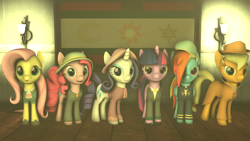 Size: 1920x1080 | Tagged: safe, artist:tonkano, character:applejack, character:fluttershy, character:pinkie pie, character:rainbow dash, character:rarity, character:twilight sparkle, species:earth pony, species:pegasus, species:pony, species:unicorn, fallout equestria, 3d, angry, clothing, determination, determined, fanfic, fanfic art, female, flag, happy, hat, hooves, horn, mane six, mare, ministry mares, ministry of arcane sciences, ministry of awesome, ministry of image, ministry of morale, ministry of peace, ministry of wartime technology, open mouth, pose, propaganda, serious, serious face, source filmmaker, surprised, wings