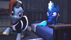Size: 1280x720 | Tagged: safe, artist:tonkano, oc, oc:carlile, oc:pearlblue, fallout equestria, 3d, bed, clothing, female, lesbian, licking, licking lips, maid, oc x oc, present, room, shipping, source filmmaker, stable, tongue out, wide eyes