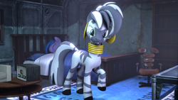 Size: 1280x720 | Tagged: safe, artist:tonkano, oc, oc only, oc:acromia, species:zebra, 3d, bed, female, lesbian, looking at you, oc x oc, radio, raised hoof, room, shipping, sleeping, smiling, source filmmaker, stable, zebra oc