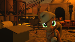 Size: 1920x1080 | Tagged: safe, artist:tonkano, character:applejack, 3d, clothing, factory, industrial, jacket, ministry of wartime technology, missile, mountain, smiling, source filmmaker, train, warehouse