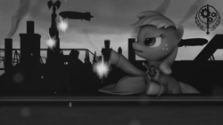 Size: 1920x1080 | Tagged: safe, artist:tonkano, character:applejack, species:earth pony, species:pony, fallout equestria, 3d, clothing, fanfic, fanfic art, female, hat, hooves, industry, mare, microphone, ministry mares, ministry of wartime technology, monochrome, propaganda, solo, source filmmaker, speech