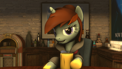 Size: 1280x720 | Tagged: safe, artist:tonkano, oc, oc only, oc:carlile, species:pony, species:unicorn, 3d, alcohol, bar, cider, clothing, coat, detective, drinking, female, liquor, looking at you, mare, smiling, smug, solo, source filmmaker
