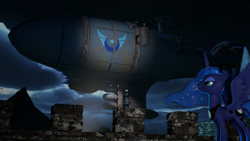 Size: 1920x1080 | Tagged: safe, artist:tonkano, character:princess luna, 3d, bomber, castle, kirov airship, light, new lunar republic, night, proud, sky, source filmmaker, zeppelin