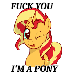 Size: 943x1029 | Tagged: safe, artist:zharkaer, character:sunset shimmer, species:pony, species:unicorn, bust, captain obvious, curved horn, cute, female, fuck you, one eye closed, shimmerbetes, simple background, solo, subversive kawaii, tongue out, transparent background, vulgar, wink