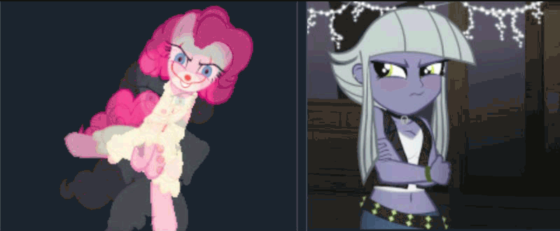 Size: 800x330 | Tagged: safe, artist:paragonaj, character:limestone pie, character:pinkie pie, species:human, species:pony, derpibooru, my little pony:equestria girls, animated, belt, blushing, clothing, clown, clown nose, crossover, dancing, duo, equestria girls-ified, frown, gif, it, jeans, juxtaposition, looking at you, meta, nervous, pants, pennywise, pinkiewise, rotoscope, shirt, shy, smiling, vest