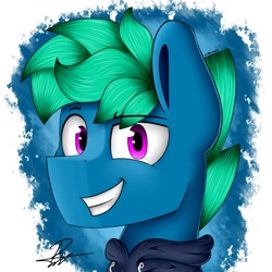 Size: 1200x1200 | Tagged: safe, artist:supermoix, oc, oc only, oc:supermoix, species:pony, blue coat, bust, green hair, green mane, grin, happy, male, pink eyes, signature, smiling, solo, stallion