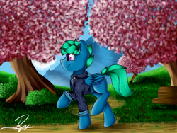 Size: 1600x1200 | Tagged: safe, artist:supermoix, oc, oc only, oc:supermoix, species:pegasus, species:pony, blue coat, cherry tree, green hair, green mane, green tail, male, mountain, pink eyes, signature, solo, stallion, tree, walking