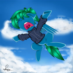 Size: 5808x5808 | Tagged: safe, artist:supermoix, oc, oc only, oc:supermoix, species:pegasus, species:pony, absurd resolution, angry, blue coat, cloud, flying, green hair, green mane, green tail, male, open mouth, sky, solo, spread wings, stallion, wings