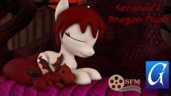 Size: 1280x720 | Tagged: safe, artist:dracagon, oc, oc only, oc:seranae, species:dragon, species:earth pony, species:pony, 3d, couch, female, gmod, mare, plushie, prone, solo, source filmmaker