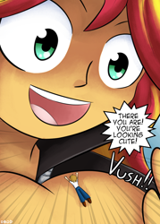 Size: 940x1310 | Tagged: safe, artist:dinobirdofdoom, character:sunset shimmer, oc, oc:vanilla beam, species:human, my little pony:equestria girls, clothing, commission, cute, dialogue, hand, human male, male, micro, open mouth, palm, shrunk, speech bubble