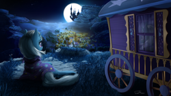 Size: 1920x1080 | Tagged: safe, artist:finalaspex, character:trixie, species:pony, species:unicorn, canterlot, cape, clothing, crying, female, mare, moon, night, ponyville, reflection, scenery, solo, trixie's cape, trixie's wagon, wallpaper