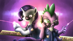 Size: 1920x1080 | Tagged: safe, artist:fongsaunder, character:rarity, character:spike, species:dragon, species:pony, species:unicorn, bipedal, clothing, crime scene, police badge, police tape, sunglasses
