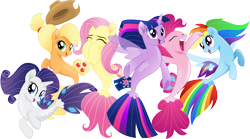 Size: 6514x3624 | Tagged: safe, artist:infinitewarlock, character:applejack, character:fluttershy, character:pinkie pie, character:rainbow dash, character:rarity, character:twilight sparkle, character:twilight sparkle (alicorn), species:seapony (g4), my little pony: the movie (2017), high res, mane six, seaponified, seapony applejack, seapony fluttershy, seapony pinkie pie, seapony rainbow dash, seapony rarity, seapony twilight, simple background, species swap, transparent background, vector