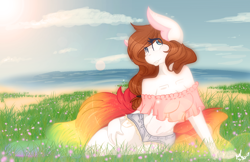 Size: 5100x3300 | Tagged: safe, artist:mscolorsplash, oc, oc only, oc:color splash, species:anthro, belly button, cloud, female, grass, midriff, simple background, solo, strapless, sultry pose, water, white background