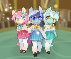 Size: 720x600 | Tagged: safe, artist:lemonheart, character:lyra heartstrings, character:minuette, character:twinkleshine, species:anthro, species:pony, species:unicorn, g4, clothing, commission, female, females only, horn, looking at you, sailor uniform, shirt, shoes, skirt, smiling, socks, stockings, thigh highs, trio, uniform