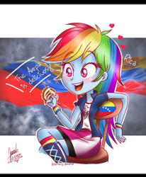 Size: 800x973 | Tagged: safe, artist:janadashie, character:rainbow dash, my little pony:equestria girls, arepa, blushing, clothing, dialogue, female, floating heart, food, heart, multicolored hair, sitting, smiling, solo, venezuela