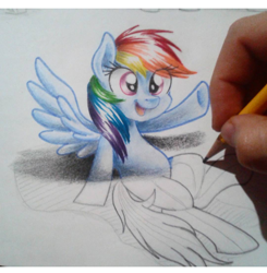 Size: 480x490 | Tagged: safe, artist:janadashie, character:rainbow dash, species:pegasus, species:pony, cute, dashabetes, drawing, drawn into existence, female, hand, hoofbump, illusion, mare, open mouth, pencil, raised hoof, smiling, spread wings, traditional art, wings