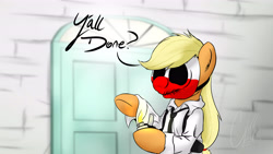 Size: 6400x3600 | Tagged: safe, artist:theravencriss, character:applejack, species:pony, absurd resolution, clothing, crossover, door, female, lighter, mare, mask, payday, payday 2, reservoir dogs, solo