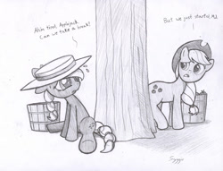 Size: 900x688 | Tagged: source needed, safe, artist:syggie, character:applejack, species:earth pony, species:pony, barrel, cowboys and equestrians, duo, duo female, female, looking back, mad (tv series), mad magazine, maplejack, mare, monochrome, sitting, tree