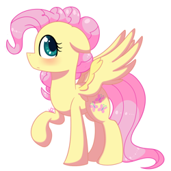Size: 1000x1000 | Tagged: safe, artist:vale-bandicoot96, character:fluttershy, character:pinkie pie, species:pegasus, species:pony, episode:the mean 6, g4, my little pony: friendship is magic, season 8, spoiler:s08, alternate hairstyle, blushing, cute, female, floppy ears, mane swap, mare, pinkie pie hair, raised hoof, shyabetes, signature, simple background, solo, white background