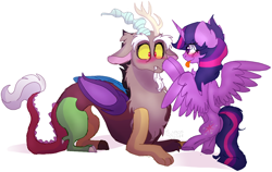 Size: 1124x711 | Tagged: safe, artist:cottonponysfm, artist:tiz4905, character:discord, character:twilight sparkle, character:twilight sparkle (alicorn), species:alicorn, species:draconequus, species:pony, ship:discolight, boop, double boop, female, male, shipping, simple background, straight, tongue out, white background