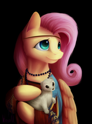 Size: 2244x3000 | Tagged: safe, artist:klarapl, character:fluttershy, species:pegasus, species:pony, bust, clothing, ermine, female, fine art parody, head turn, hoof hold, jewelry, lady with an ermine, leonardo da vinci, looking away, looking up, necklace, portrait, simple background, smiling, solo, wings