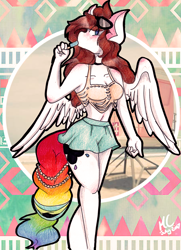 Size: 2335x3231 | Tagged: safe, artist:mscolorsplash, oc, oc only, oc:color splash, species:anthro, species:pegasus, species:pony, clothing, cute, female, food, legs, miniskirt, moe, pinup, popsicle, rainbow tail, skirt, solo, sunglasses, traditional art