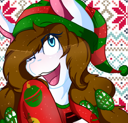 Size: 1280x1231 | Tagged: safe, artist:mscolorsplash, oc, oc only, oc:color splash, species:pegasus, species:pony, bow, christmas, clothing, hair bow, hat, holiday, one eye closed, santa hat, smiling, solo, wink