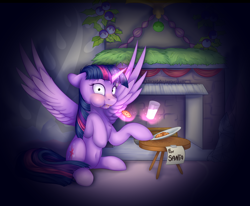 Size: 3400x2800 | Tagged: safe, artist:klarapl, character:twilight sparkle, character:twilight sparkle (alicorn), species:alicorn, species:pony, belly button, caught, chimney, cookie, everything is ruined, fireplace, food, glowing horn, light, magic, milk, night, note, plate, santa claus, sitting, table, telekinesis