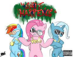 Size: 900x709 | Tagged: safe, artist:shadawg, character:pinkie pie, character:rainbow dash, character:trixie, species:pony, gangsta, vulgar