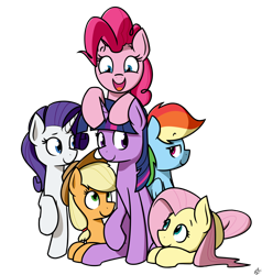 Size: 2000x2100 | Tagged: safe, artist:alexi148, character:applejack, character:fluttershy, character:pinkie pie, character:rainbow dash, character:rarity, character:twilight sparkle, species:pony, female, high res, looking at each other, mane six, mare, prone, raised hoof, simple background, transparent background
