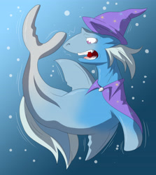 Size: 4244x4767 | Tagged: safe, artist:tfsubmissions, character:trixie, absurd resolution, cape, clothing, fangs, floppy ears, great white shark, hat, open mouth, shark, sharkified, sharxie, solo, species swap, transformation, trixie's cape, trixie's hat, underwater, wide eyes