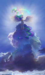 Size: 1500x2500 | Tagged: safe, artist:divlight, character:princess celestia, species:alicorn, species:pony, cloud, crepuscular rays, female, flying, halo, magic, majestic, mare, phone wallpaper, rainbow, solo, spread wings, wallpaper, wings