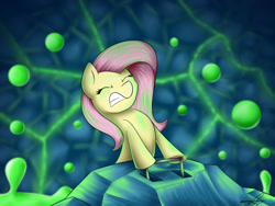 Size: 1600x1200 | Tagged: safe, artist:supermoix, character:fluttershy, species:pony, bubble, cave, eyes closed, fanfic, fanfic art, female, green, gritted teeth, lever, pulling, pushing, slime, solo, stone, struggling