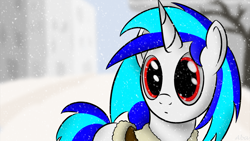 Size: 1920x1080 | Tagged: safe, artist:abaddon41, character:dj pon-3, character:vinyl scratch, species:pony, species:unicorn, female, manehattan, mare, snow, snowfall, solo, wallpaper